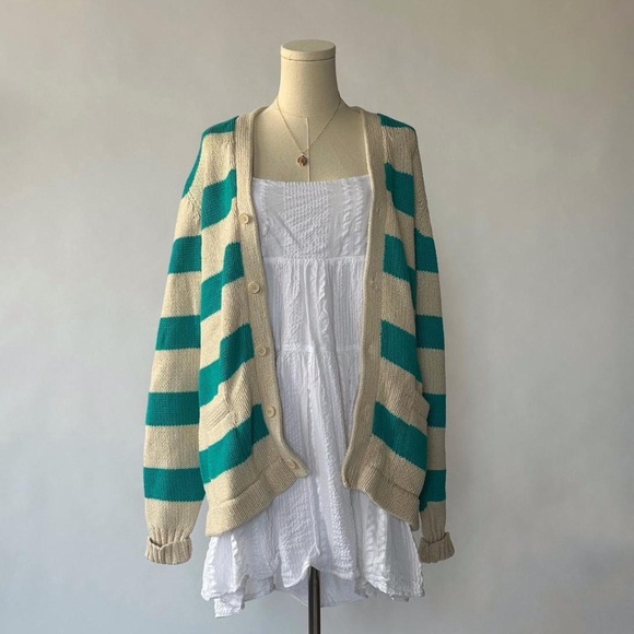 Vintage Striped Cardigan Preppy Medium Teal & Cream - Picture 2 of 5
